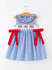 Girls 4th Of July Twirl Dress Bow Smocked Embroidery