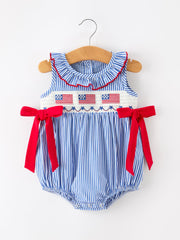 Girls 4th Of July Plaid Romper Bow Smocked Embroidery