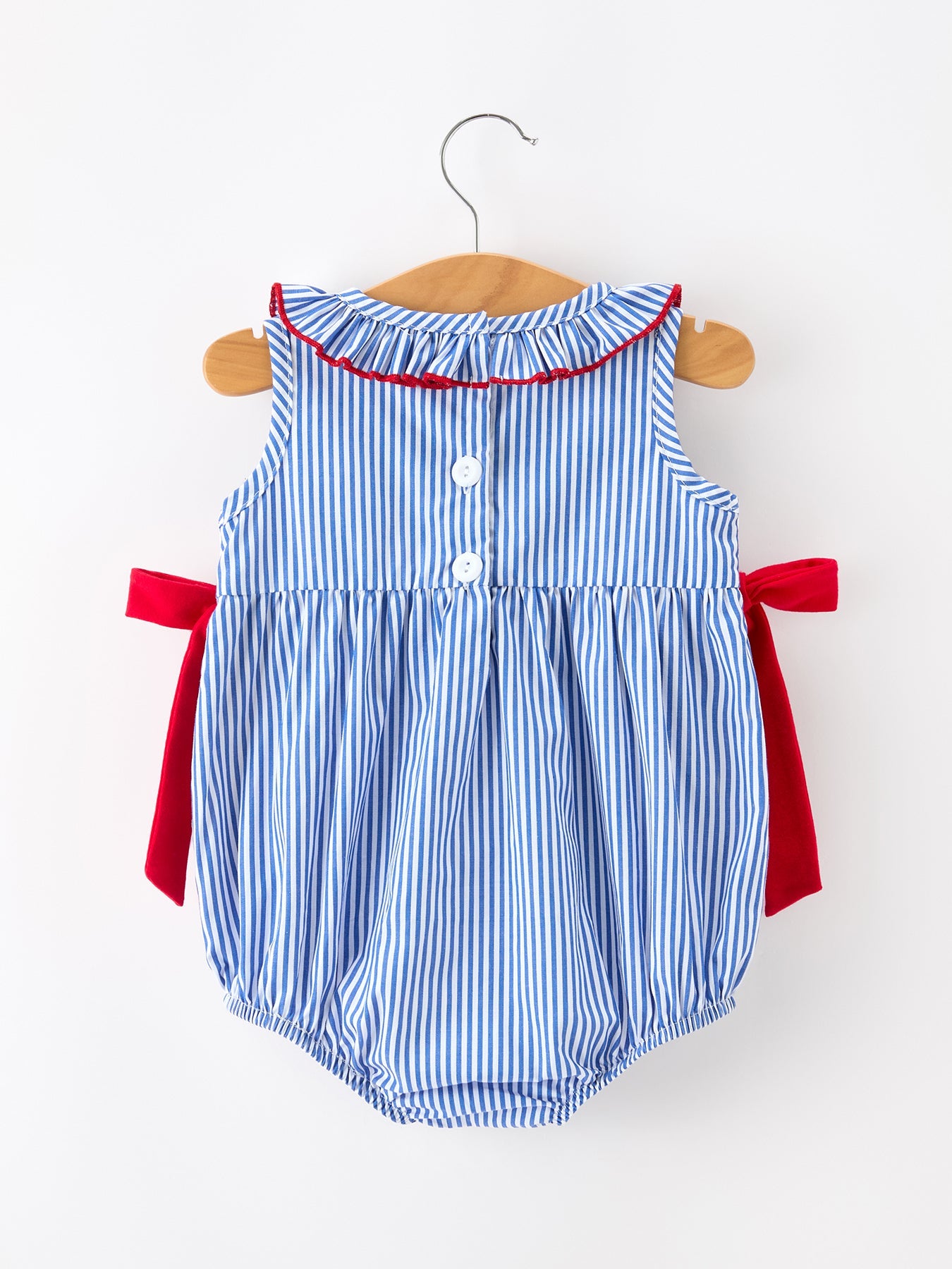 Girls 4th Of July Plaid Romper Bow Smocked Embroidery