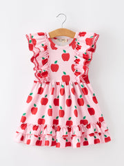 Girls Back To School Apple Twirl Dress Ruffle Flutter Sleeve