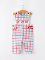 4th Of July Plaid Boys Romper Smocked Flag Button Strap
