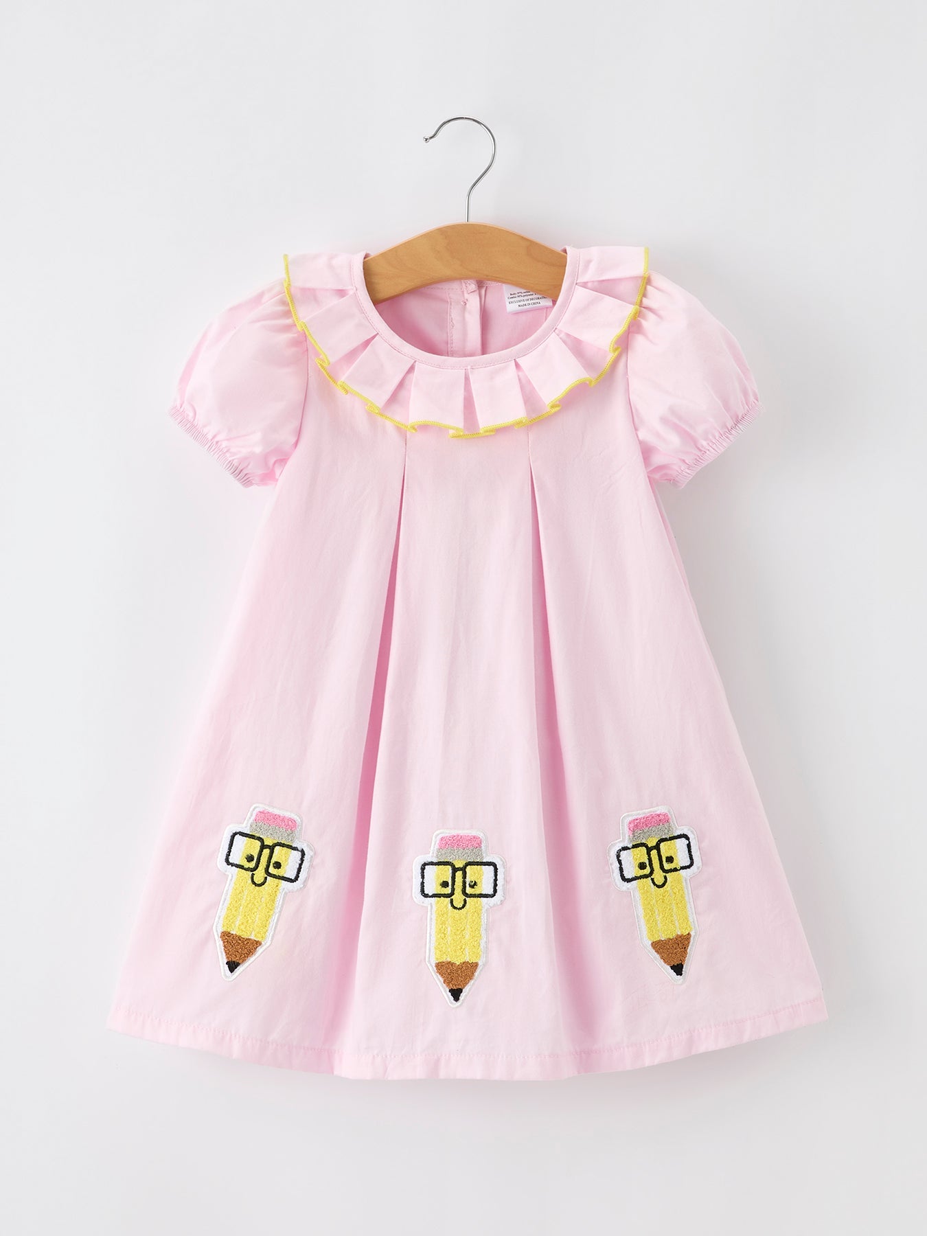 Back To School Pink Pencil Applique Ruffle Collar Girls Dress
