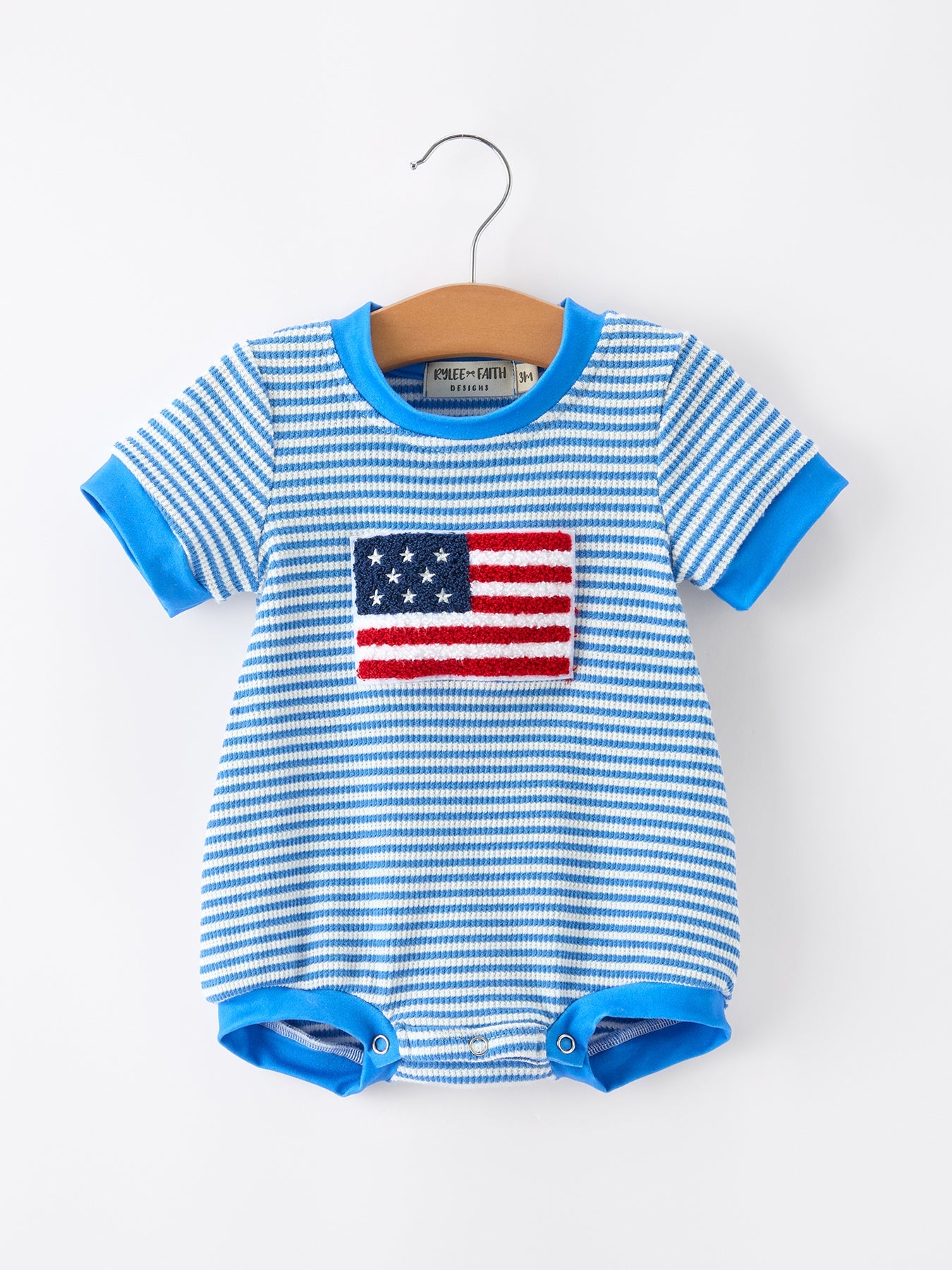 4th Of July Flag Chenille Baby Boy Romper Blue Stripe