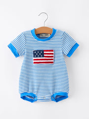 4th Of July Flag Chenille Baby Boy Romper Blue Stripe