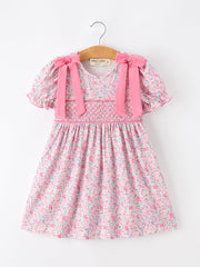 Pink Bow Smocked Floral Girl Dress