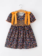 Fall Orange Bow Smocked Floral Girl Dress