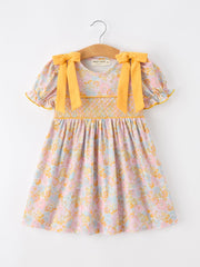 Yellow Bow Smocked Floral Girl Dress