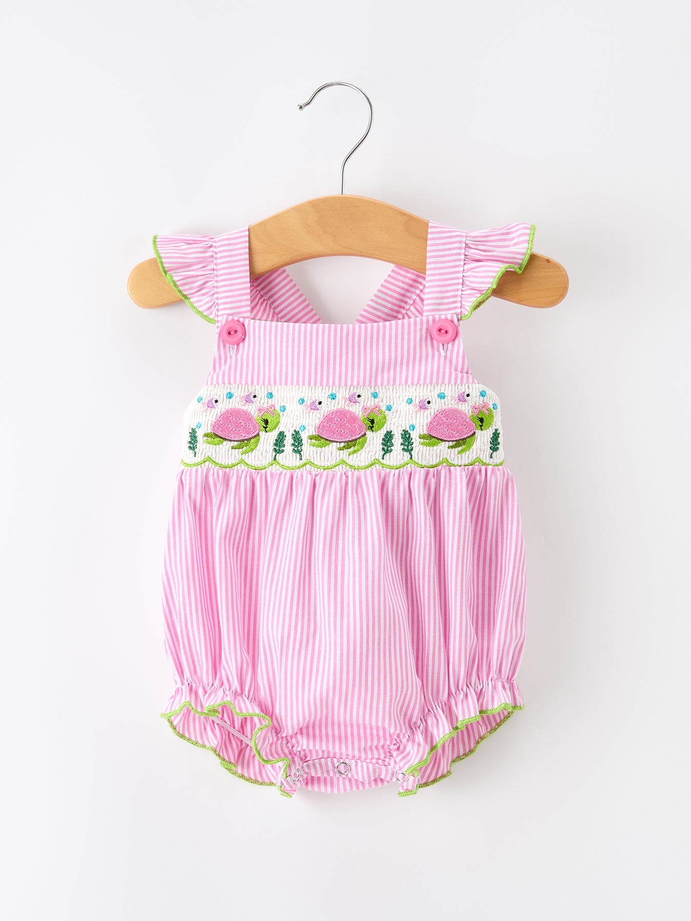 Turtle Girls Romper Pink Stripe Ruffle Strap Smocked