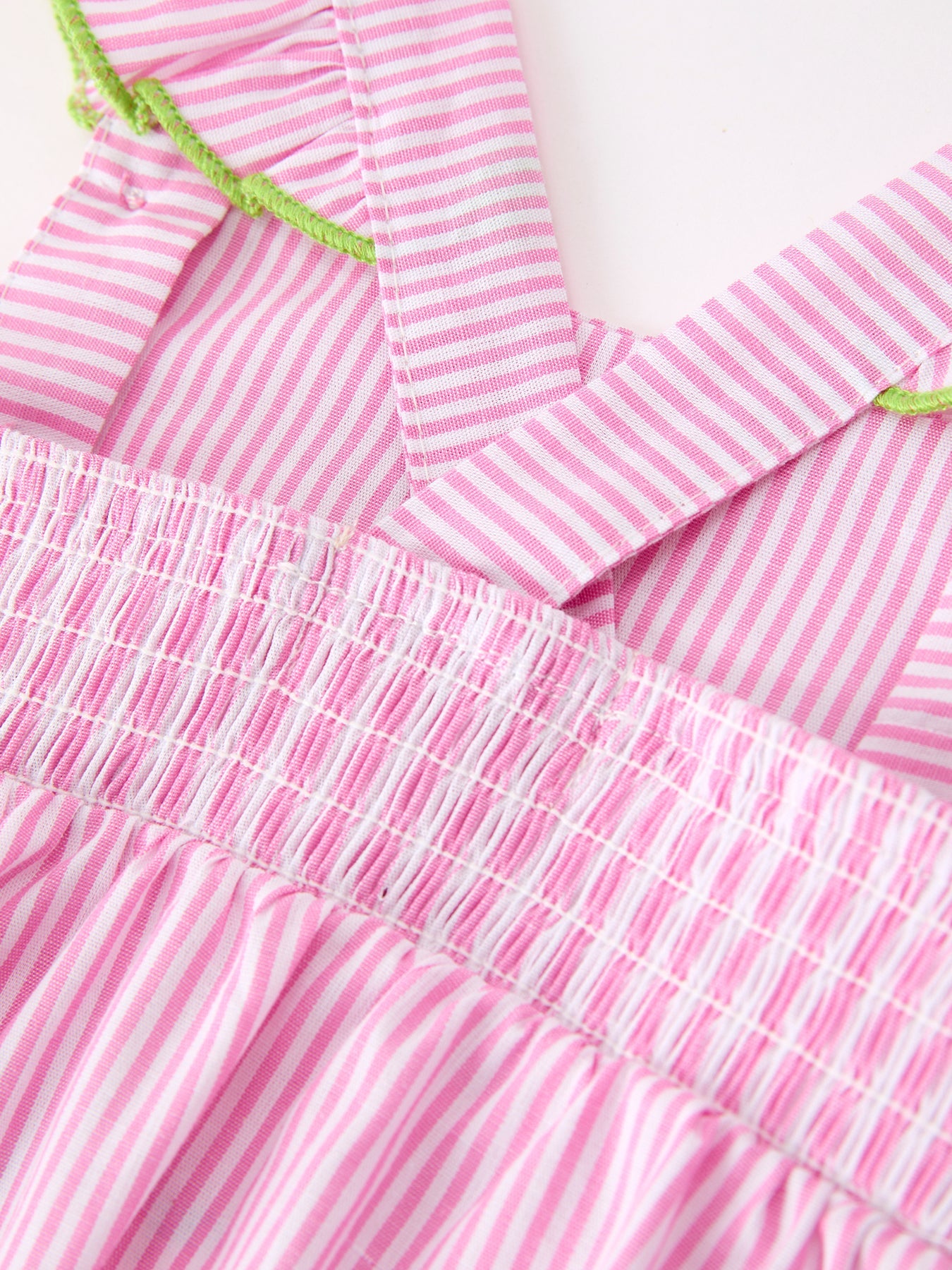 Turtle Girls Romper Pink Stripe Ruffle Strap Smocked