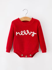 Red Christmas Girls “merry” Knit Baby Romper