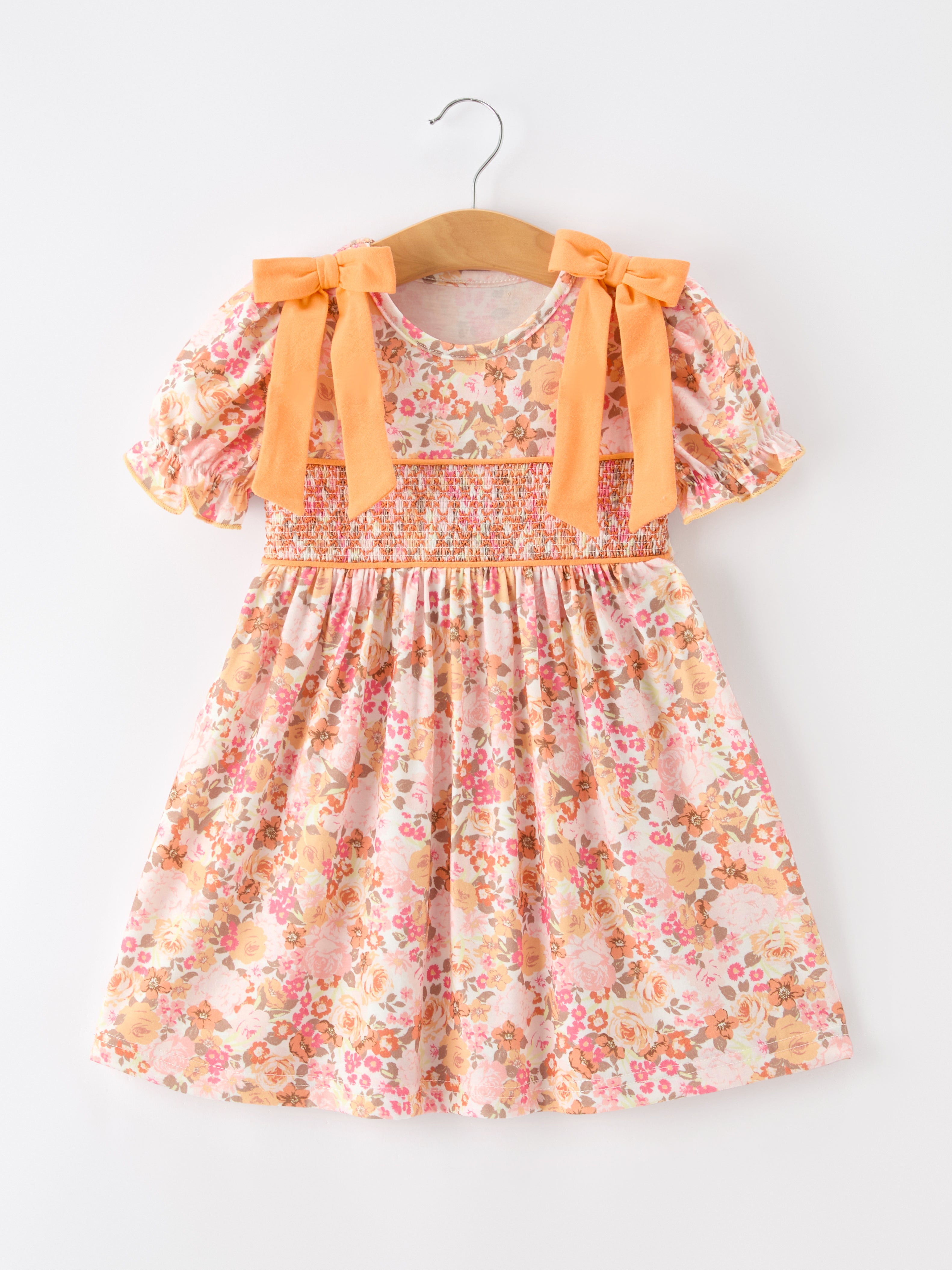 Peach Bow Smocked Floral Girl Dress