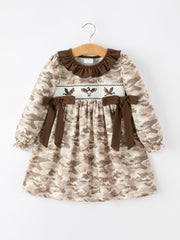 Duck Smocked Camo Girl Dress Bow Detail