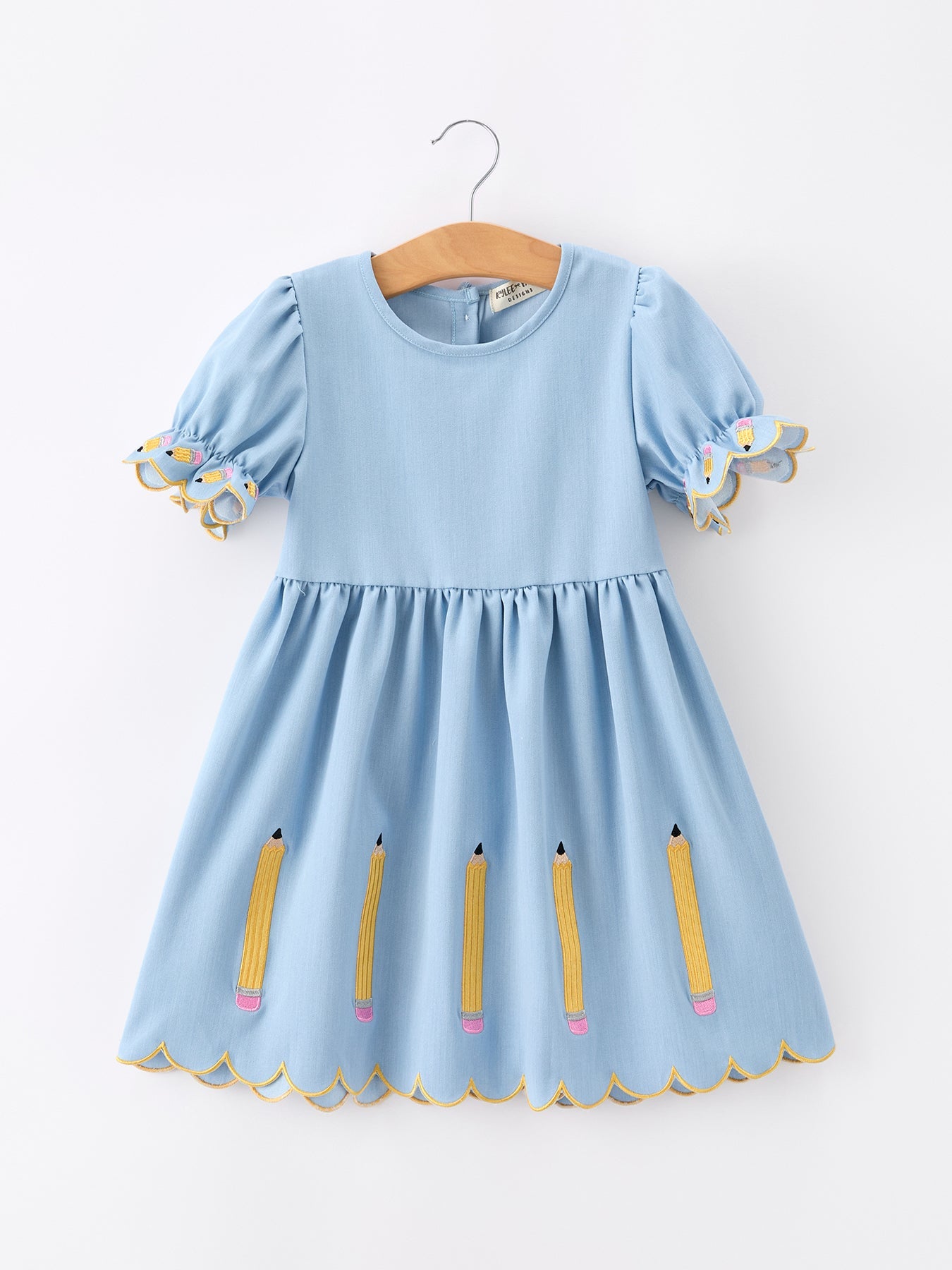 Back To School Pencil Applique Girl Dress Scallop Hem