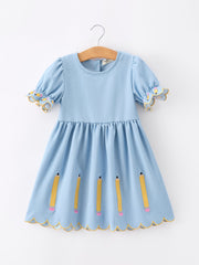 Back To School Pencil Applique Girl Dress Scallop Hem