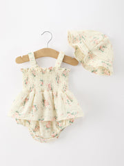 Muslin Summer Floral Print Smocked Baby Girl Romper Set Hat