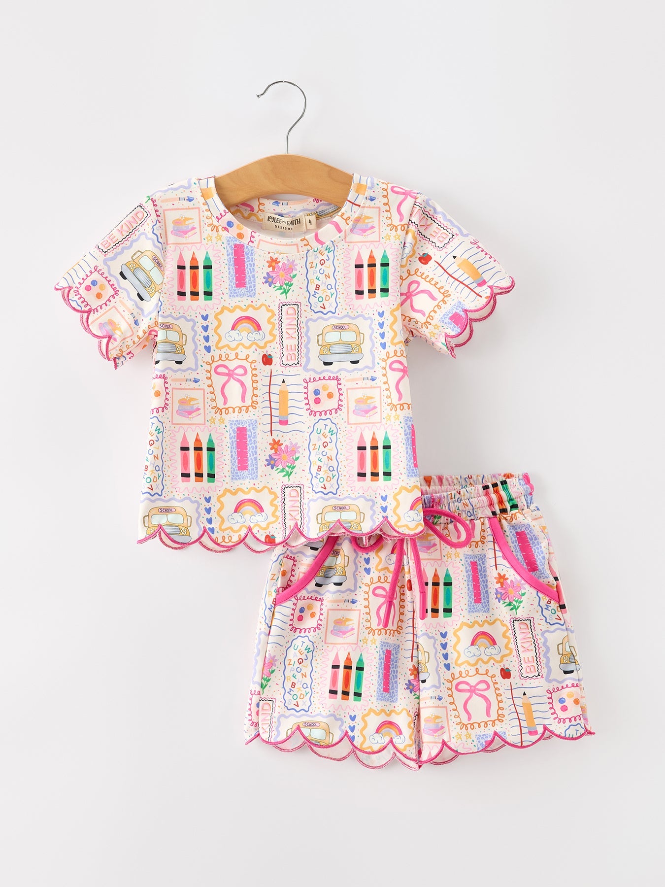 Preorder Back To School Print Girl Short Set Scallop Hem