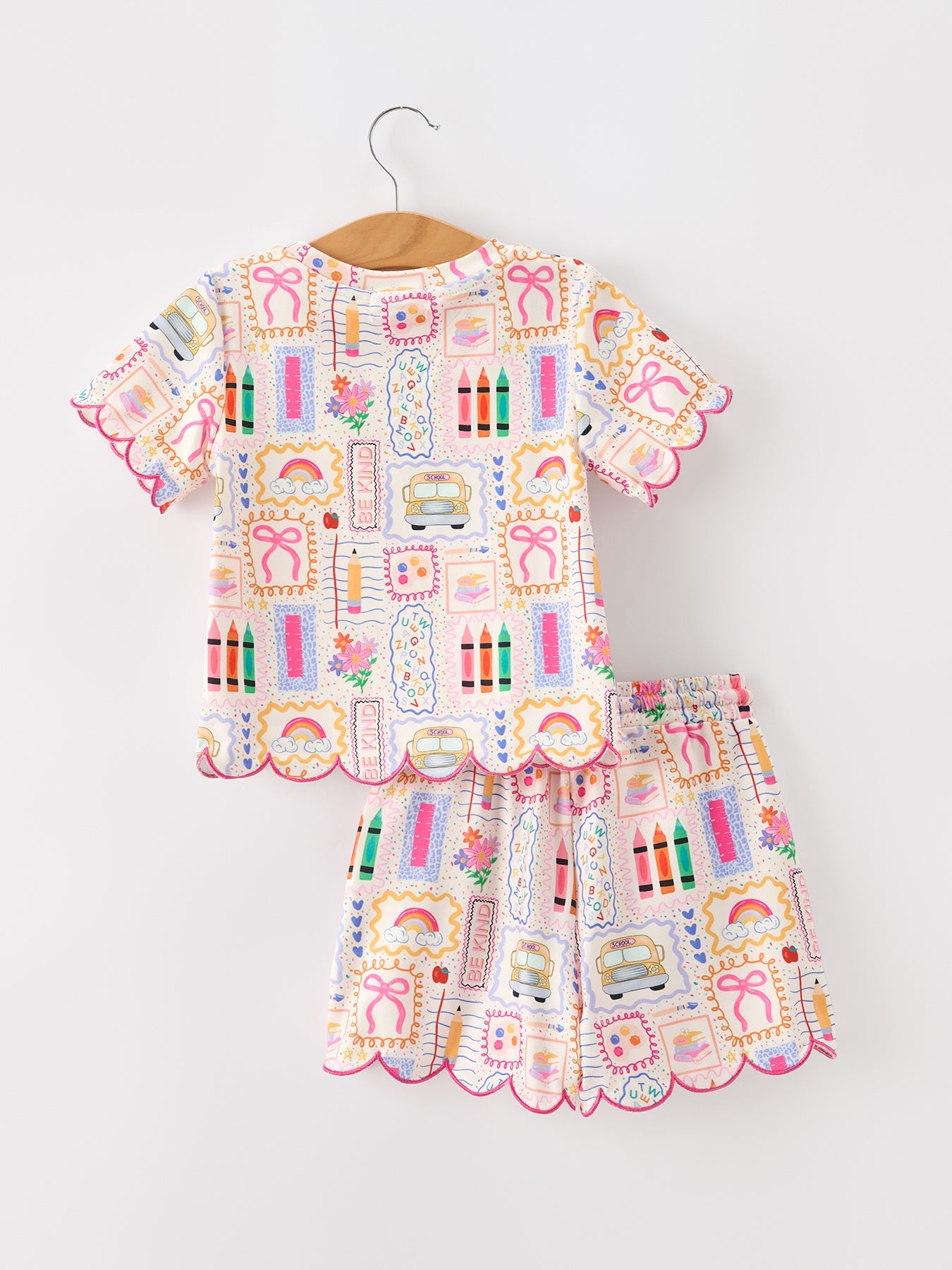 Preorder Back To School Print Girl Short Set Scallop Hem