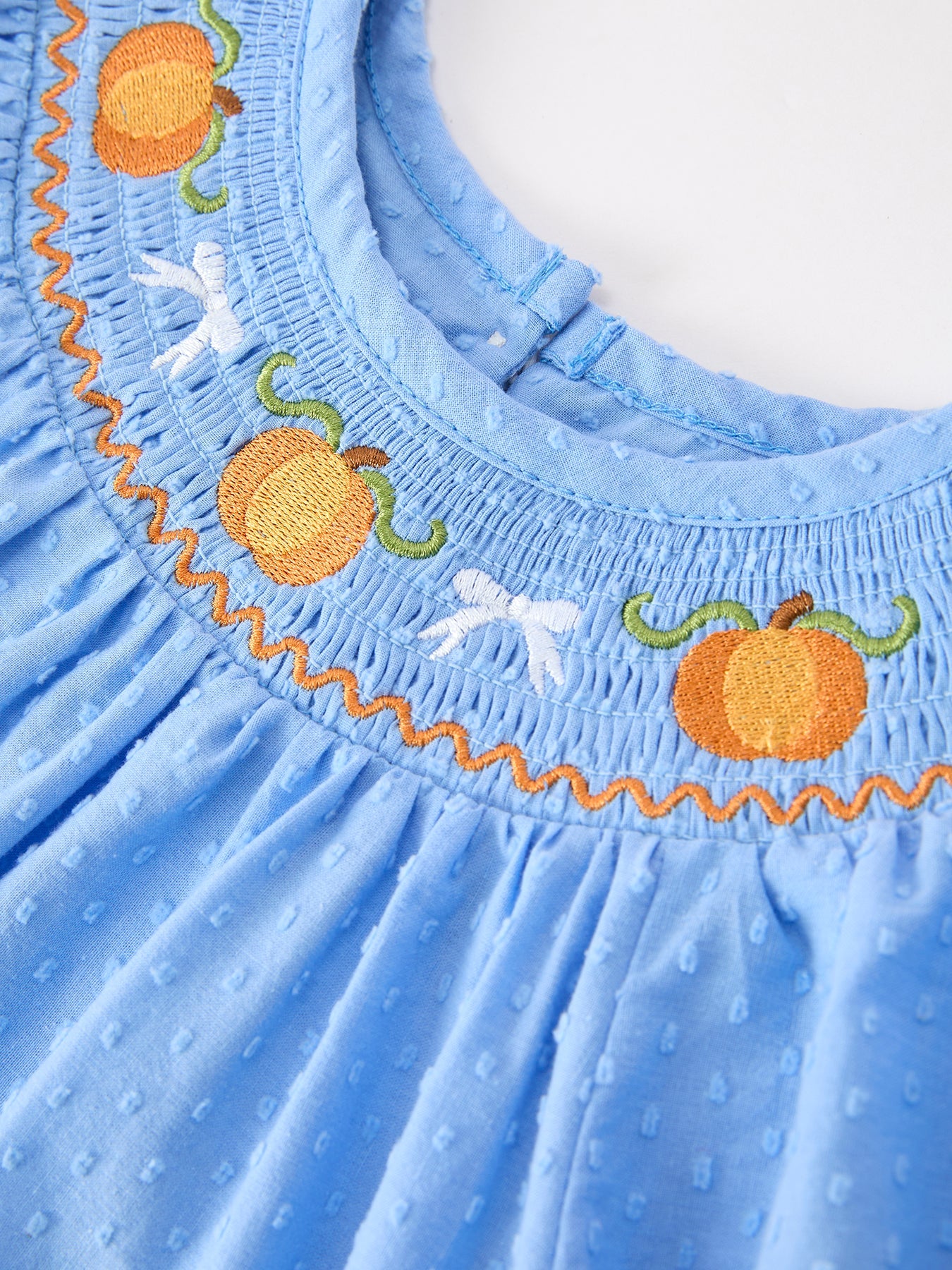 Blue Fall Thanksgiving&halloween Pumpkin Smock Embroidery Lace Baby Girl Dress