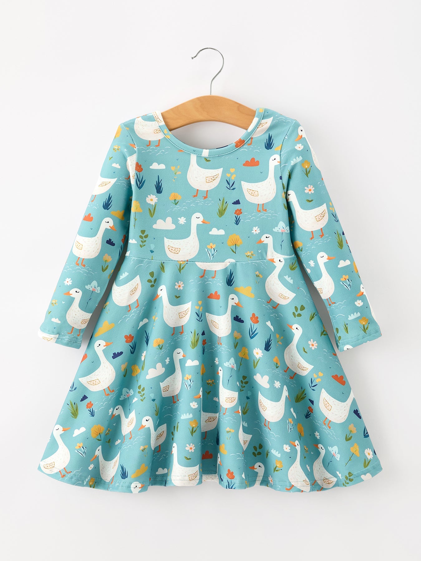 Fall Goose Print Girls Long Sleeve Twirl Dress
