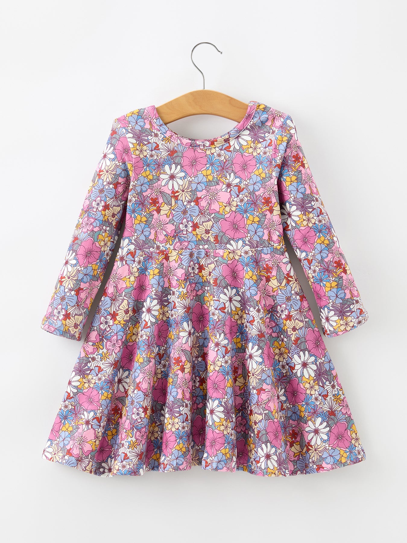 Fall Vintage Floral Print Girls Long Sleeve Twirl Dress