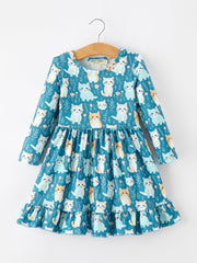 Fall Cat Print Girls Long Sleeve Ruffle Hem Dress