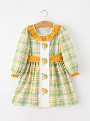 Thanksgiving Turkey Applique Plaid Girls Long Sleeve Dress