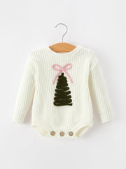 Winter Christmas Tree Girls Knit Romper Bow Long Sleeve