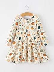 Fall Orange Pumpkin & Leaf Twirl Girls Dress