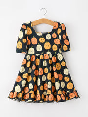 Halloween Pumpkin Print Square Neck Girls Dress