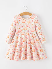 Fall Pink Pumpkin Girls Long Sleeve Twirl Dress