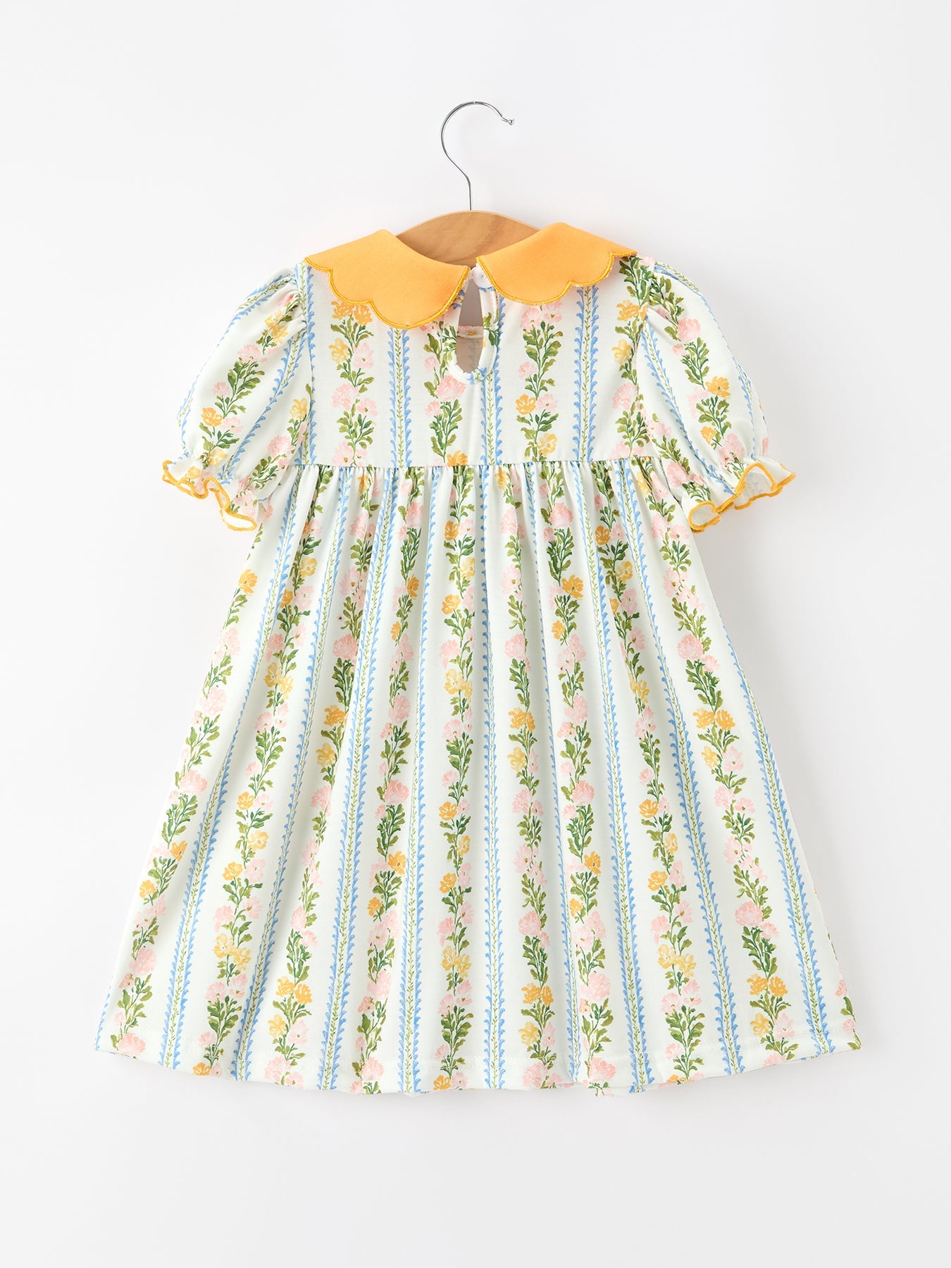 Fall Smocked Floral & Stripe Baby Girl Dress With Scallop Collar