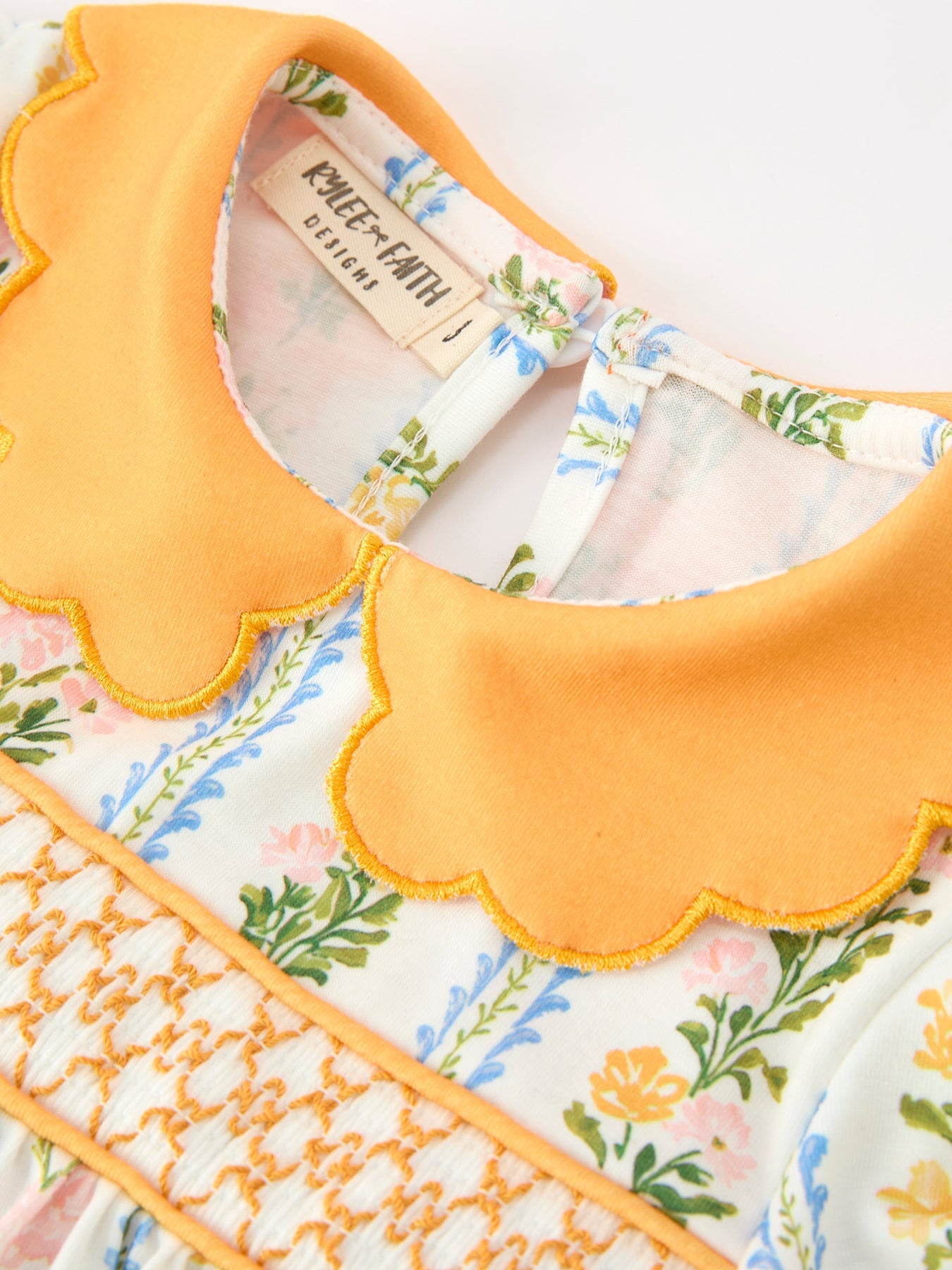 Fall Smocked Floral & Stripe Baby Girl Dress With Scallop Collar