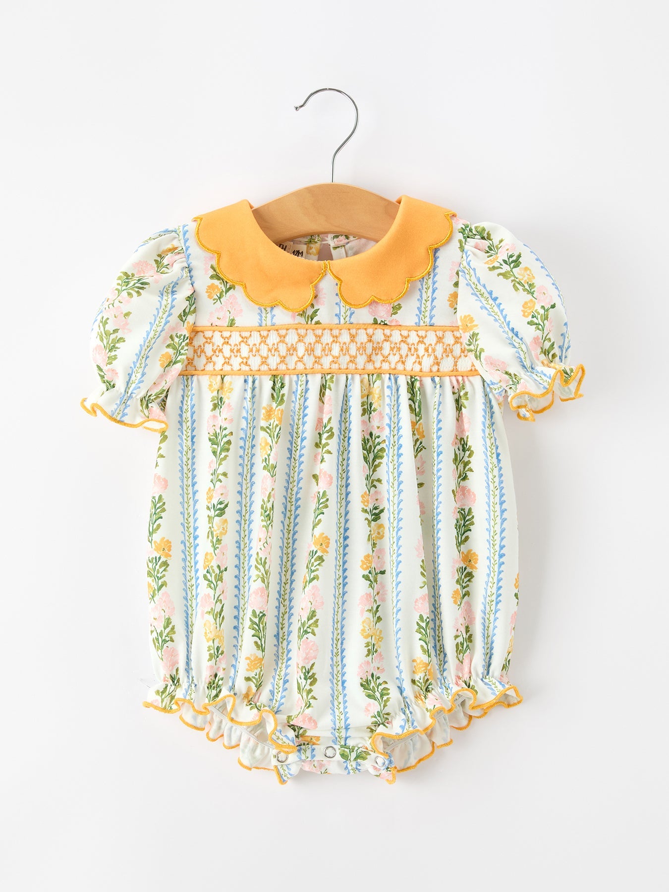 Fall Smocked Floral & Stripe Baby Girl Romper With Scallop Collar