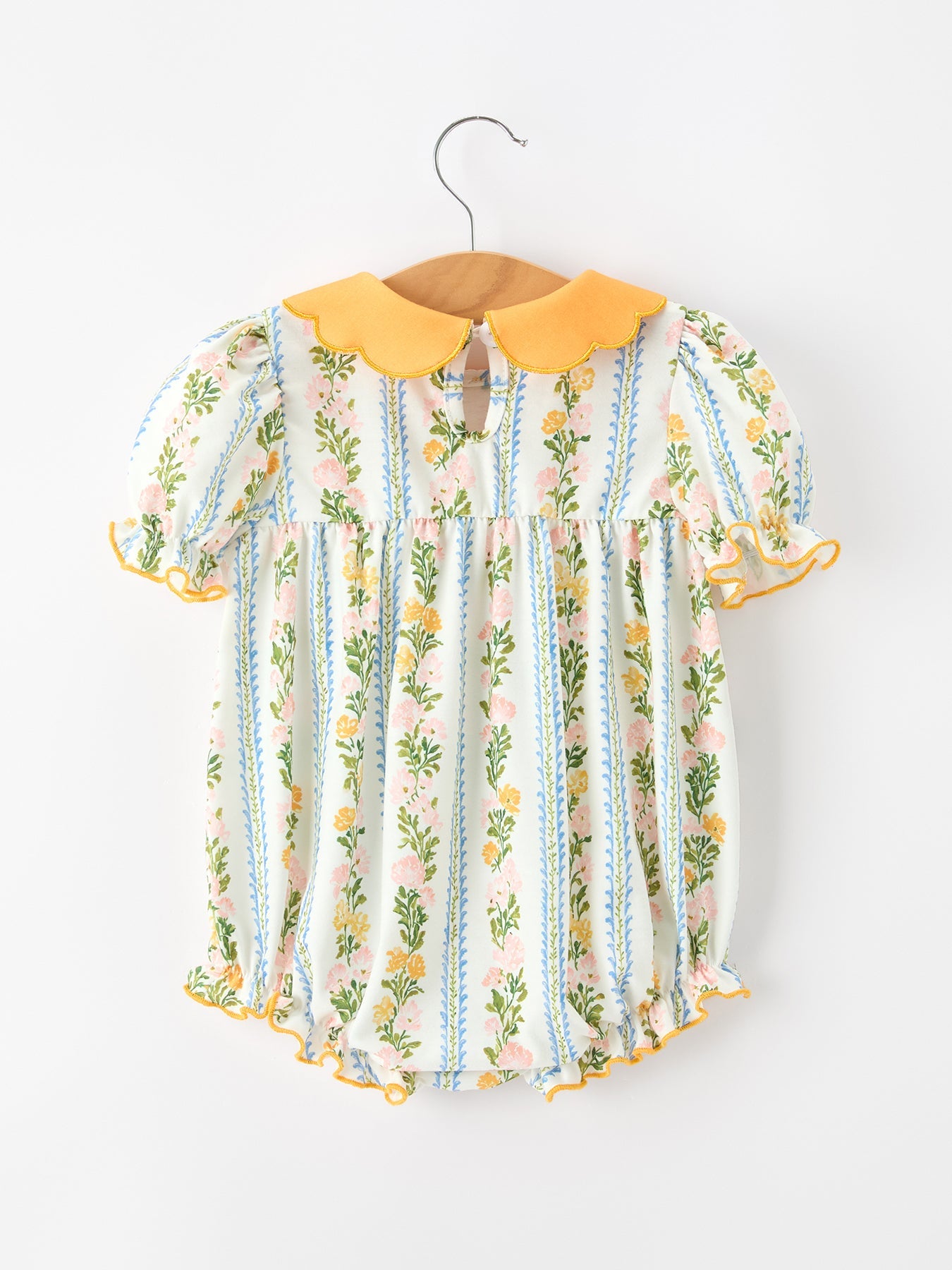 Fall Smocked Floral & Stripe Baby Girl Romper With Scallop Collar
