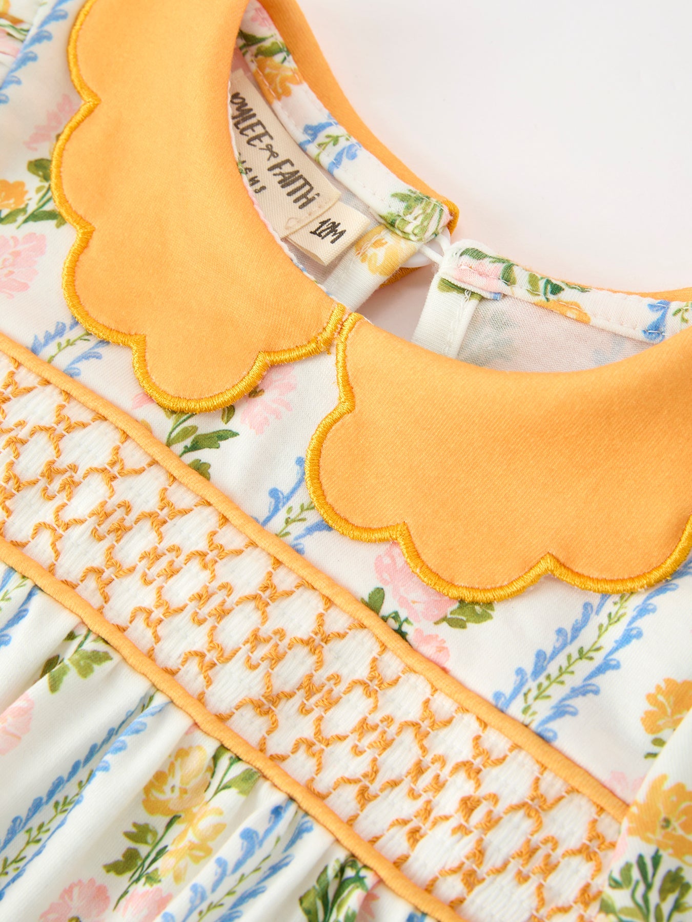 Fall Smocked Floral & Stripe Baby Girl Romper With Scallop Collar