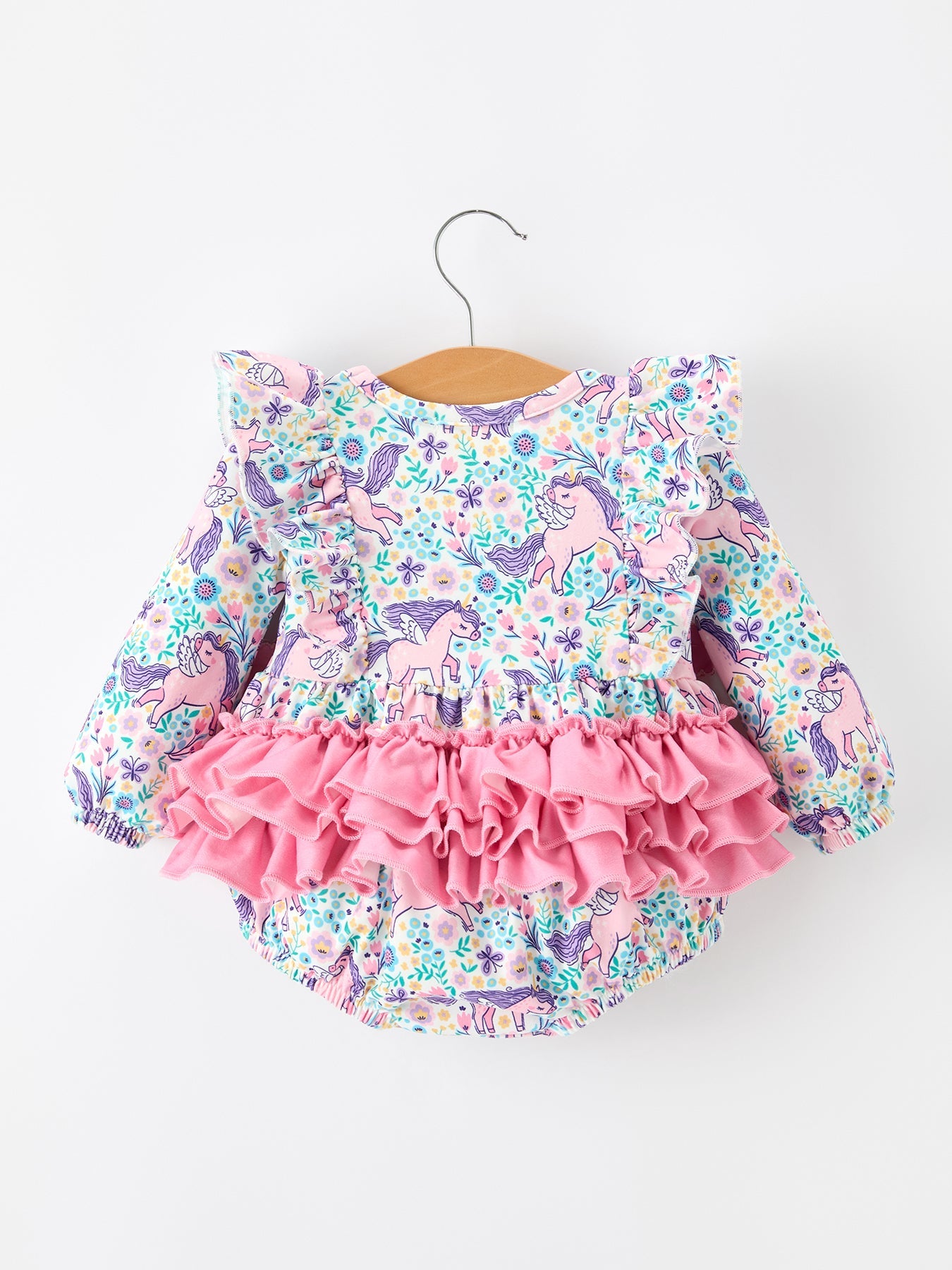Unicorn Floral Print Girls Long Sleeve Romper