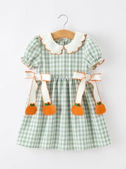Fall Plaid Girls Dress Pumpkin Bow Smocked Peter Pan Collar