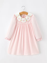 Pink Duck Embroidered Baby Girl Dress Peter Pan Collar Bow Dress