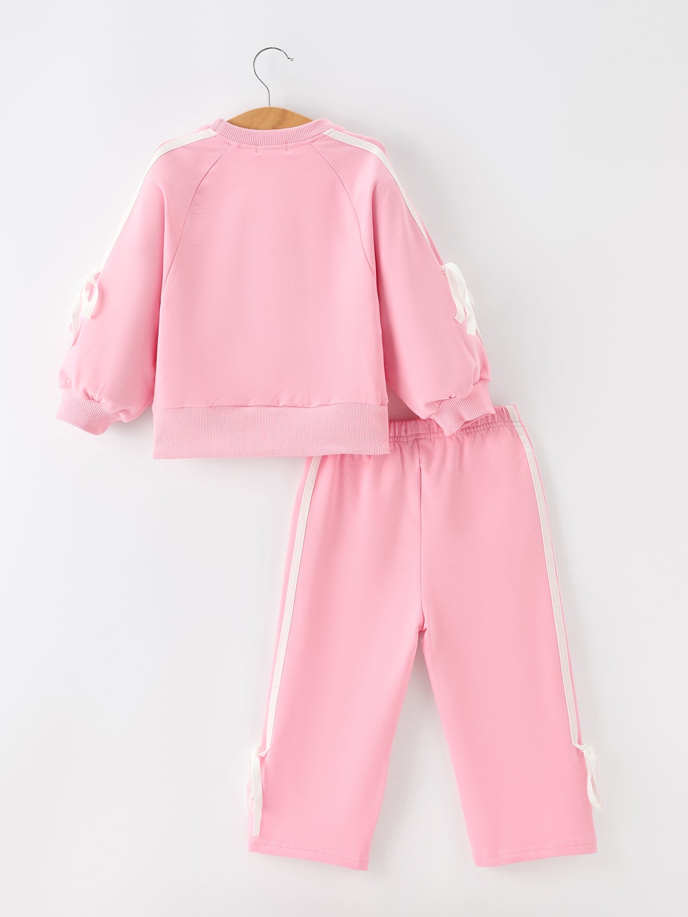 Girls Pink Bow Trim Sweatshirt And Pants Set