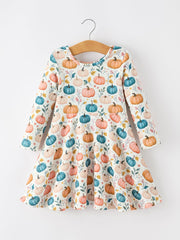 Fall Colorful Pumpkin Girls' Long-sleeved Dress
