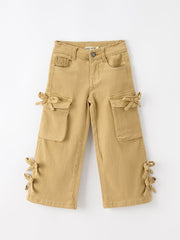 Girls Solid Cargo Leggings Side Bow Pocket Wide Leg Pants