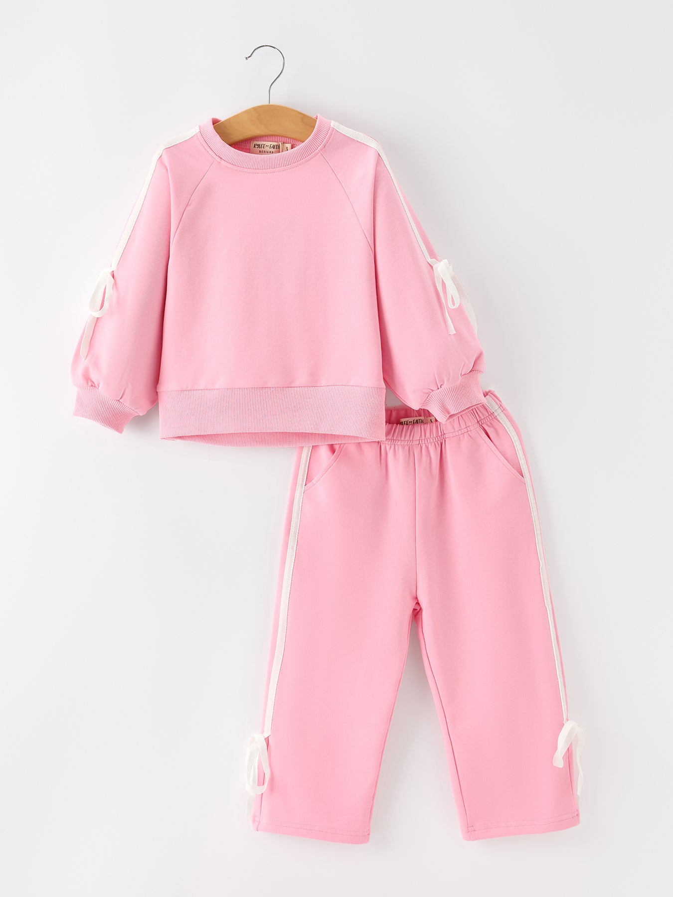 Girls Pink Bow Trim Sweatshirt And Pants Set