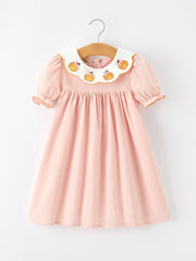 Halloween Pumpkin Applique Girls Puff Sleeve Dress
