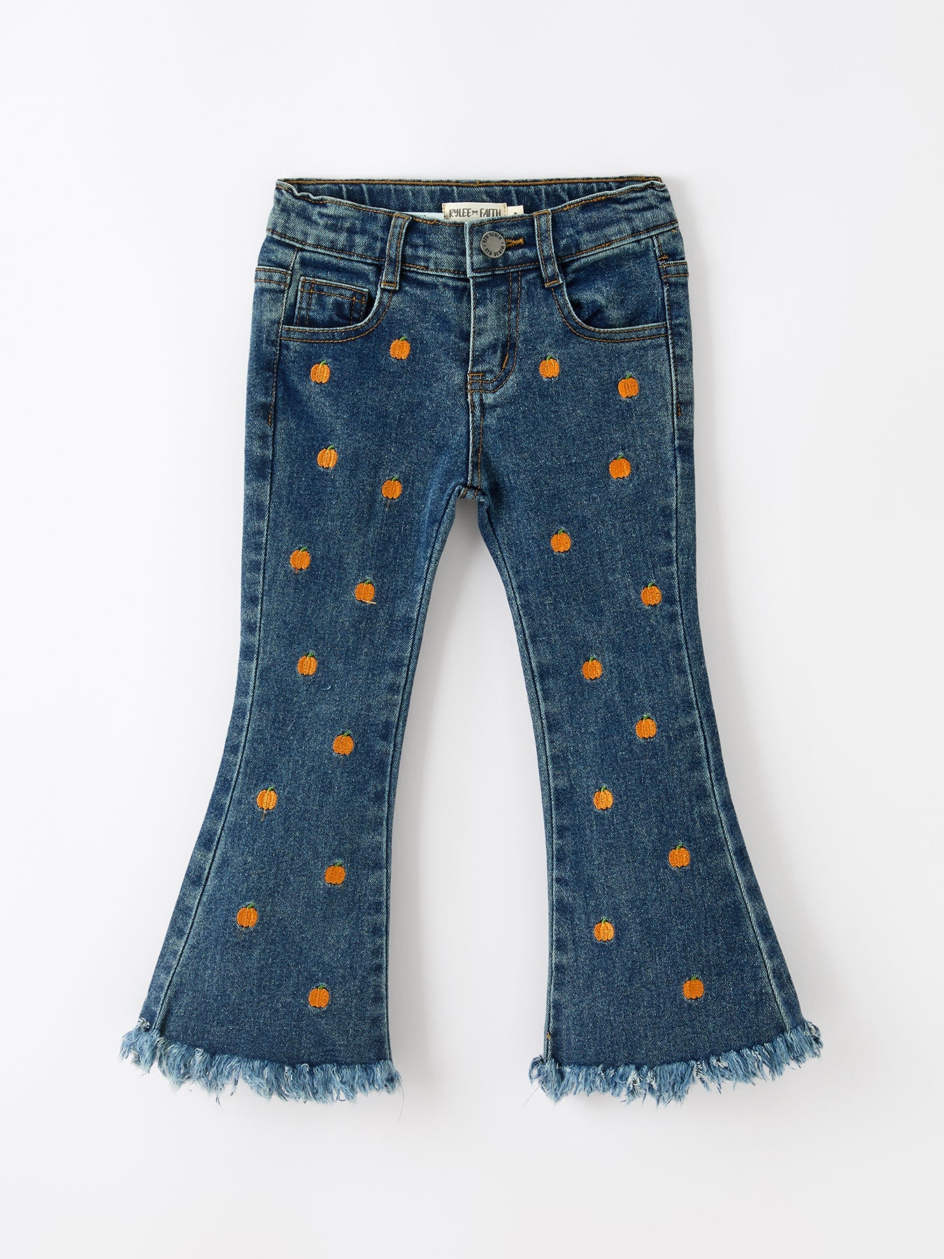 Girls Pumpkin Embroidered Flare Jeans Fall Denim Pants With Fringe Hem