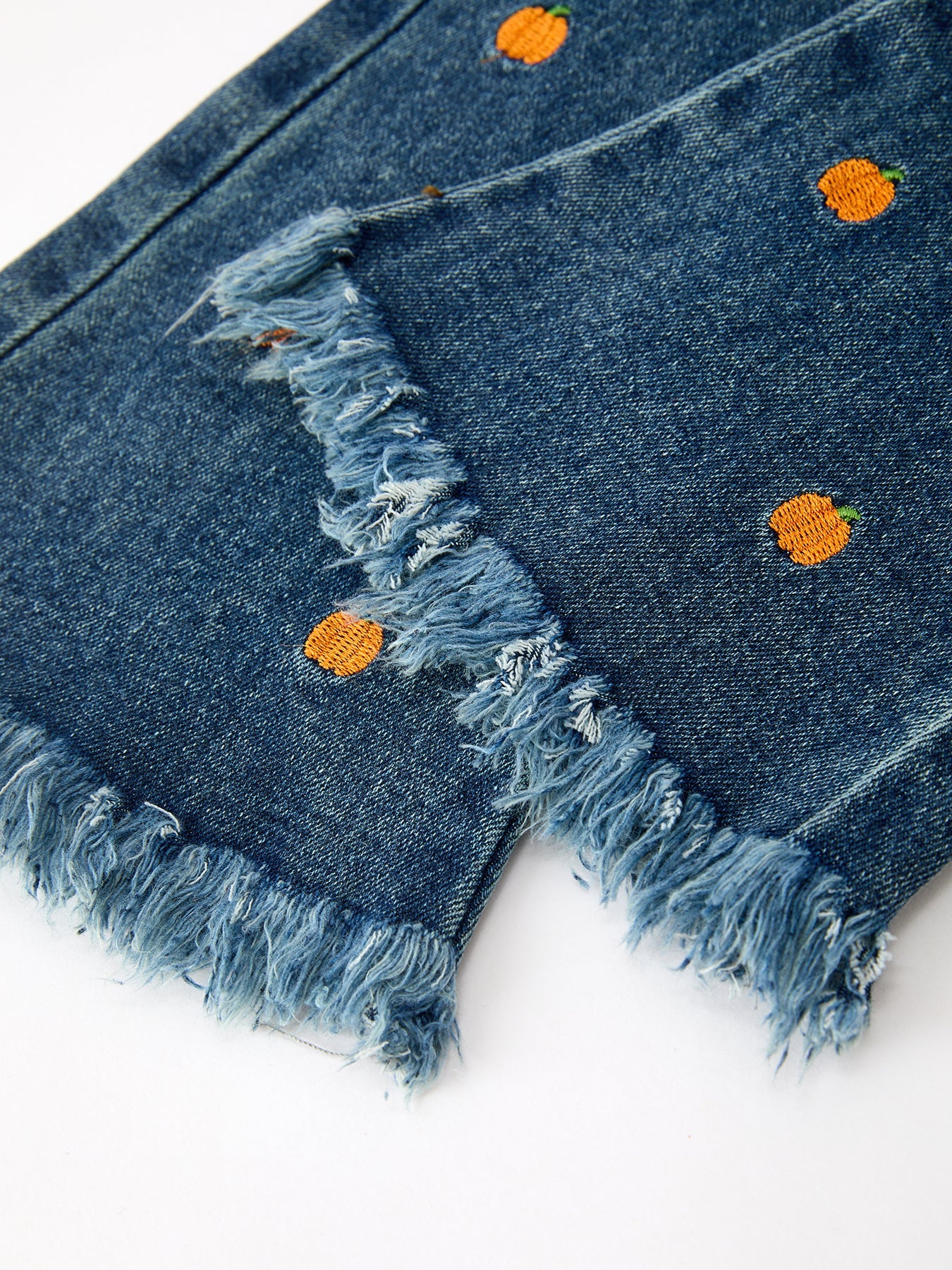 Girls Pumpkin Embroidered Flare Jeans Fall Denim Pants With Fringe Hem