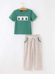 Boys Christmas Embroidered T-shirt & Plaid Pants Set