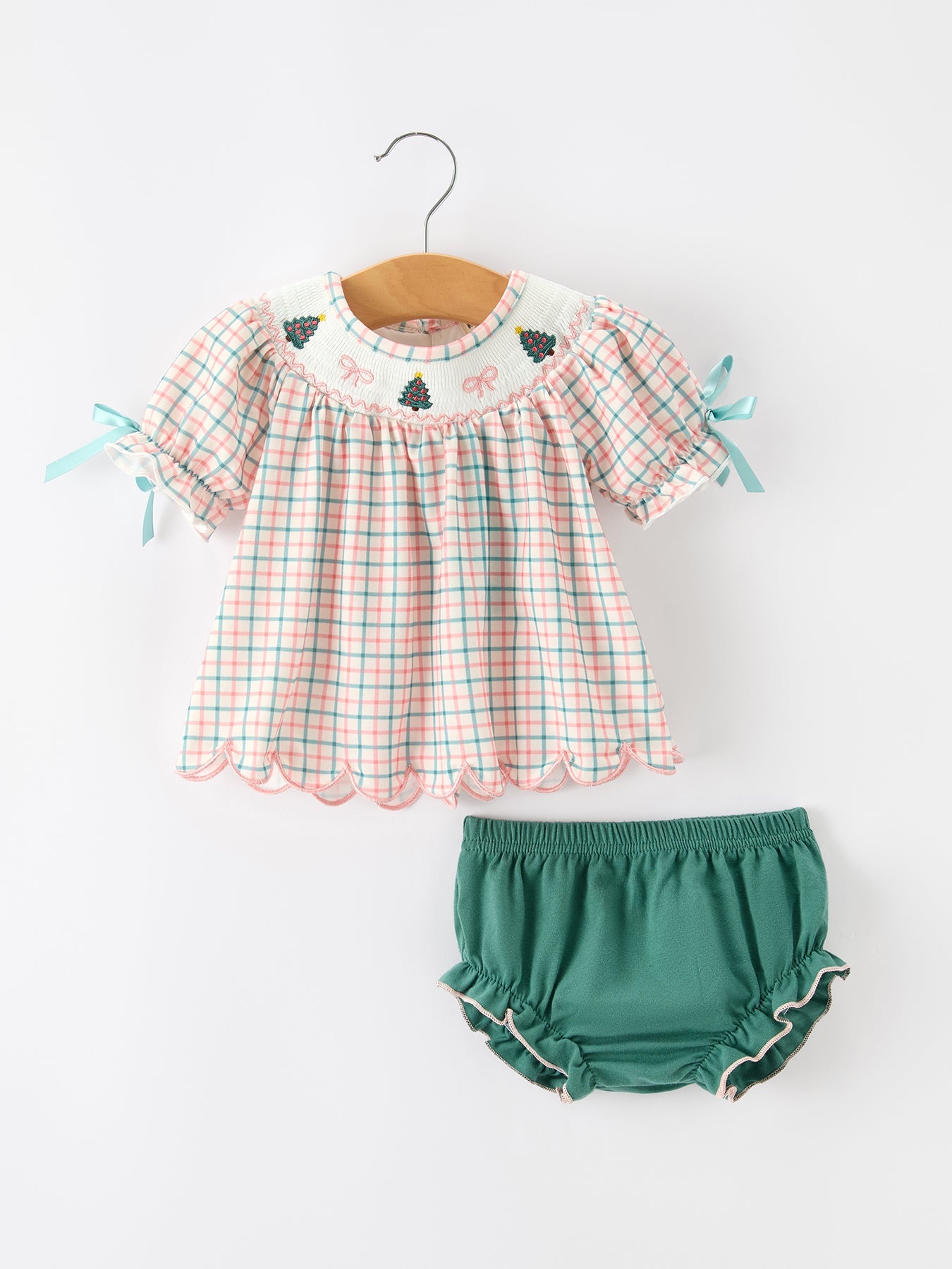 Girls Christmas Plaid Smocked Bloomers Set With Tree Embroidery