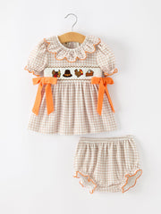 Thanksgiving Smocked Girls Dress Bloomer Set Turkey Embroidery