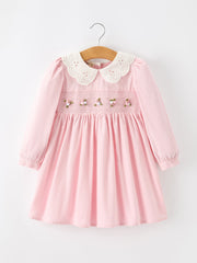 Fall Pink Smocked Girls Dress Peter Pan Collar Long Sleeve Floral Detail