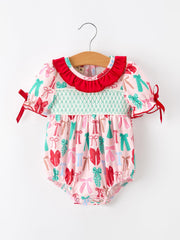 Baby Girl Christmas Smocked Bubble Romper Bow Print